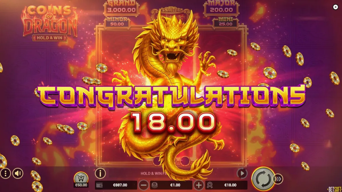 Tampilan layar mesin slot Coins of Dragon dengan simbol naga emas dan koin oriental.